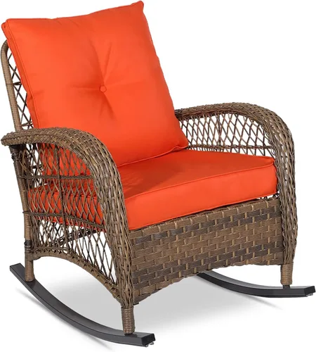 Miniatura 16 de VIVIJASON Mecedora de mimbre para exteriores, silla mecedora de ratán para patio con cojines y marco de acero, muebles de mimbre mecedores