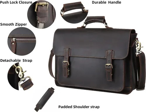 Miniatura 6 de Bolsa de mensajero de cuero para hombres 17.3 pulgadas maletín para computadora portátil de grano completo de cuero de grano completo bolsa de viaje