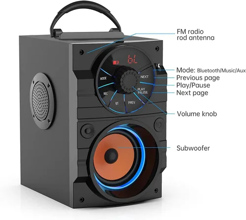 Miniatura 4 de Altavoz Bluetooth portátil con subwoofer, altavoces inalámbricos, para exteriores/interiores, gran soporte, control remoto, radio FM, tarjeta TF