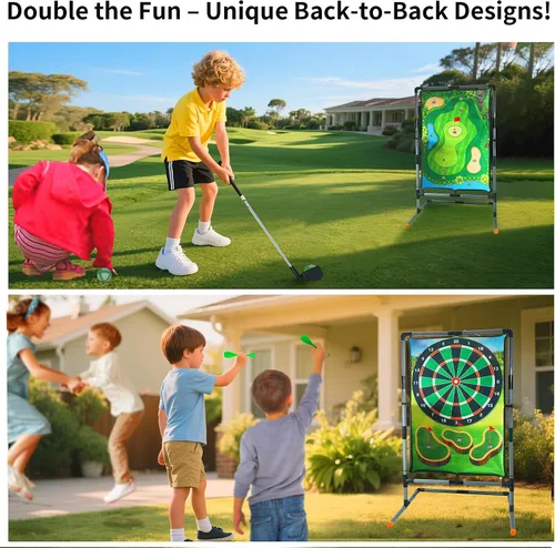 Miniatura 6 de Juego de astillado de golf con soporte, juego de práctica de golf multideportivo con tiro con arco, hacha, dardos, alfombrilla de golpeo de doble