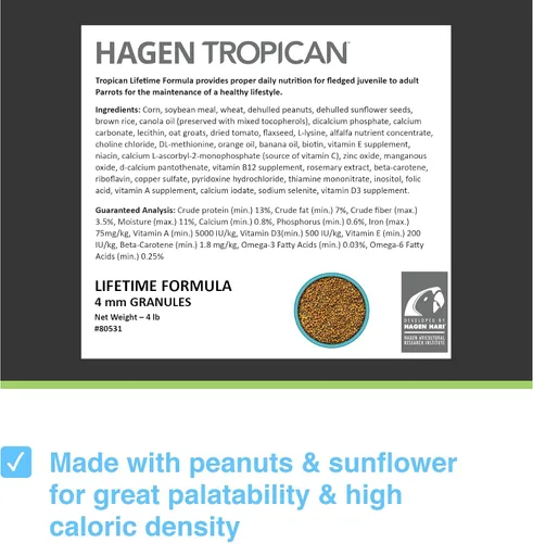 Miniatura 2 de Hagen Tropican Lifetime Formula Loro Food, 4 libras, alimento para loros Hari con maní y semillas de girasol y niveles nutricionales de equilibrio