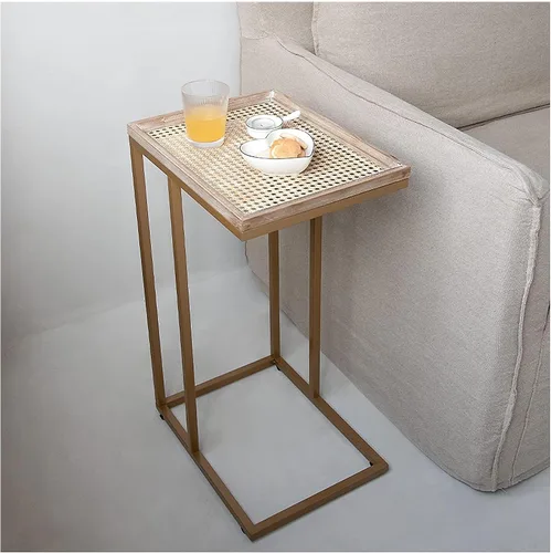 Miniatura 8 de COZAYH Mesa auxiliar de sofá en forma de C de granja con bandeja tejida de madera rústica y metal y marco de metal, mesa auxiliar para sala de Negro