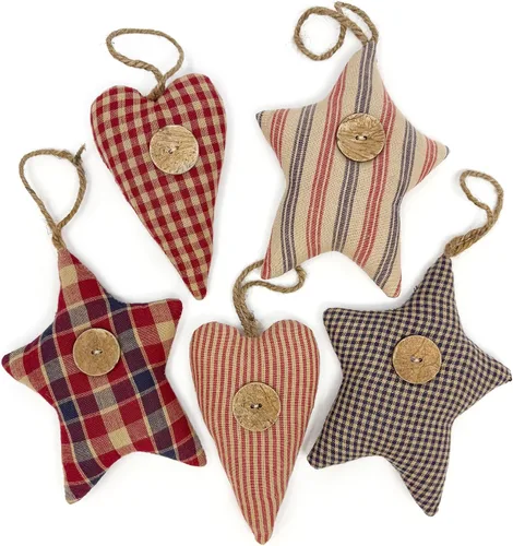 Juego de 5 adornos de algodón hechos en casa con corazón y estrella americana, a cuadros y rayas, para Navidad, San Valentín o boda, con botón de