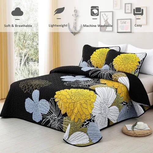 Miniatura 2 de Edredones Florales Amarillos Tamaño California King Juego de Colcha - 3 Piezas Colcha Ligera Negra Cal King con 2 Fundas de Almohada - Juego