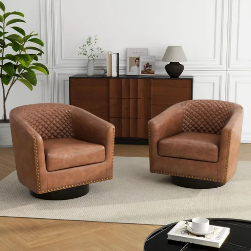 Miniatura 30 de Silla Barrel de Acento, Silla de Club Tapizada de Piel Sintética con Ribete de Clavos, Cómodo Sillón de Lectura para Sala de Estar Dormitorio Sala