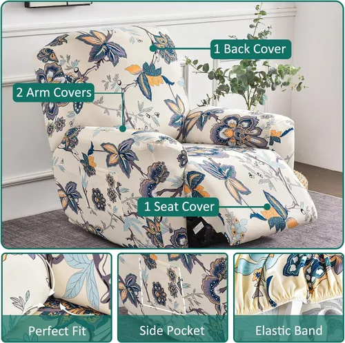 Miniatura 2 de NILUOH Funda para sillón reclinable, 4 piezas, elástica, estampada, con bolsillo lateral, funda para sofá reclinable, antideslizante, ajustable, 16