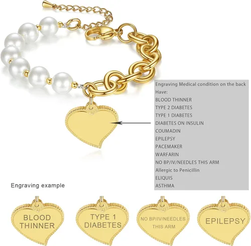 Miniatura 3 de mnmoom Elegantes pulseras de identificación médica con cuentas de perlas de imitación con corazón de alerta médica para mujer, Metal, no conocido