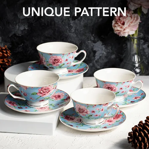Miniatura 2 de BTaT - Juego de tazas de té y platillos florales, 8 onzas, juego de tazas de té de porcelana fina con ribete dorado para té de la tarde, bodas
