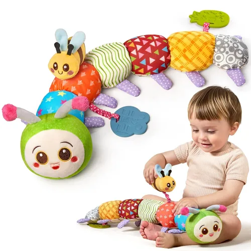TUMAMA - Juguetes para bebés de 0, 3, 6, 9, 12 meses, juguete sensorial de oruga, juguetes suaves de actividad con mordedor, juguetes sensoriales