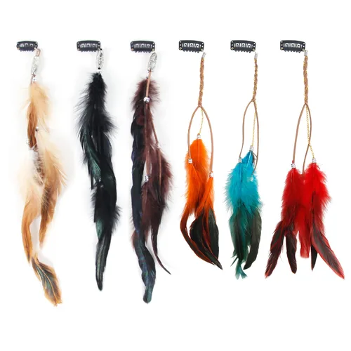 Pinzas para el pelo de plumas, extensiones hippie hechas a mano con peine de clip, tocado de cuentas trenzadas tribales - 6 unidades
