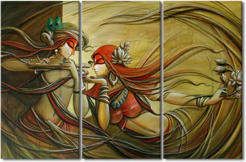 Miniatura 56 de Pintura india hindú Dios Señor Krishna imágenes sobre lienzo, arte de pared de 3 piezas, arte de pared moderno, decoración del hogar para sala