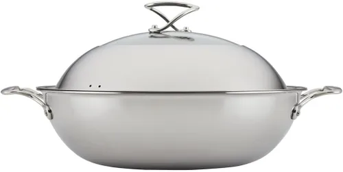 Circulon Clad Wok/Stir Fry de acero inoxidable con tapa de vidrio y tecnología híbrida SteelShield y antiadherente, 14 pulgadas, color plateado