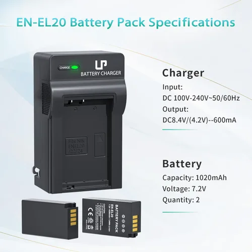 Miniatura 5 de LP EN-EL20 EN-EL20a Batería y cargador, paquete de 2 baterías de 1020 mAh para Nikon Coolpix P1000, P950, DL24-500, Coolpix A, 1 AW1, 1 J1, 1 J2, 1