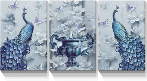 Miniatura 12 de Denozer Lienzo decorativo para pared, 3 paneles, 24 x 32 pulgadas, elegante, pavo real azul con imagen floral blanca, impresión de pintura de Art01