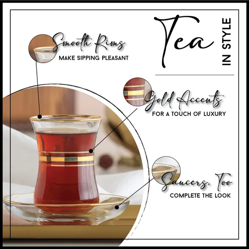 Miniatura 3 de Vikko Vasos y platillos de té turcos, auténticas tazas de té turco de 4 onzas, juego de 6 tazas y platillos de té de vidrio transparente, juego
