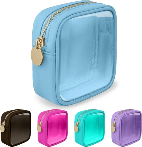 izuzta Bolsa de maquillaje pequeña de nylon para bolso, linda bolsa de cosméticos con cremallera, bolsa de maquillaje preppy, Azul, Mini 2-Azul