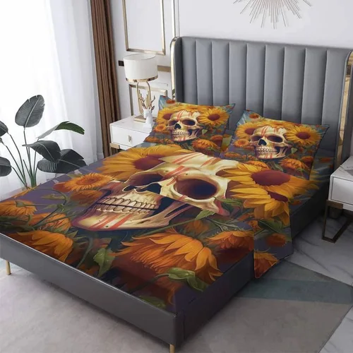 Miniatura 8 de Juego de sábanas de esqueleto tamaño individual, sábanas de microfibra suave, bolsillo profundo, sábanas y fundas de almohada estampadas sin