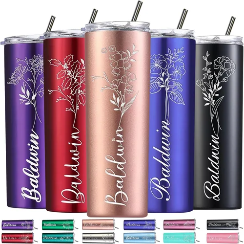 Miniatura 10 de Regalos personalizados para mujer, vaso personalizado grabado con flor de nacimiento de 20 onzas, vaso delgado con nombre personalizado con tapas