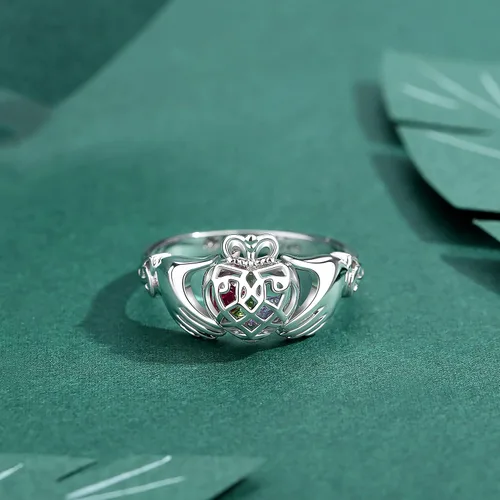 Miniatura 5 de ROWAWA Claddagh Anillo de plata de ley 925 con piedra de nacimiento anillos enjaulados corazón anillos personalizados grabados para niñas y mujeres