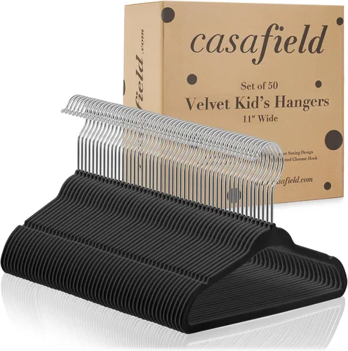 Miniatura 4 de Casafield 50 perchas de terciopelo para bebé, tamaño de 11 pulgadas para ropa de bebés y niños pequeños, color negro