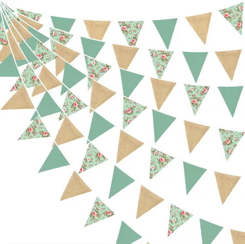 Miniatura 10 de Decoraciones de fiesta verde salvia de 32 pies, bandera triangular verde aguacate, banderines de tela, banderines para cumpleaños, boda, baby