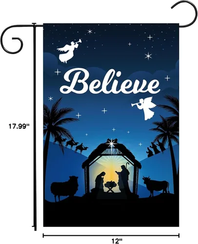 Miniatura 8 de Bandera de Jardín Navideña de 12 x 18 Pulgadas Believe Jesus Decoraciones de Invierno - Bandera de Patio de Vacaciones de Granja Rústica de Noche