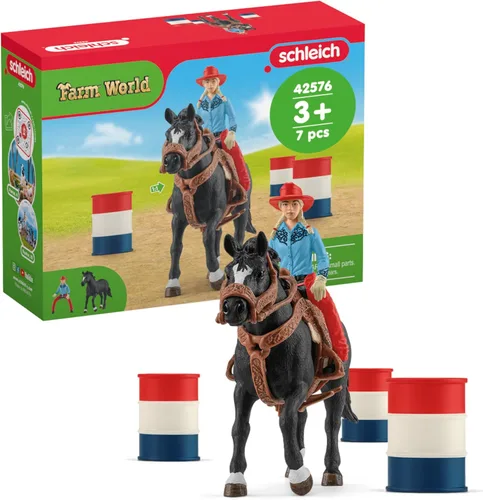 Miniatura 8 de Schleich Farm World - Juego de carreras de rodeo de 2 barriles, juego de carreras de rodeo con vaquera y caballo, juguetes y accesorios realistas