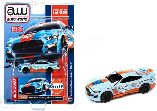 Auto World CP8052 Shelby GT500#23 - Modelo de automóvil fundido a presión a 4800 piezas en todo el mundo 1/64 azul claro con rayas naranjas