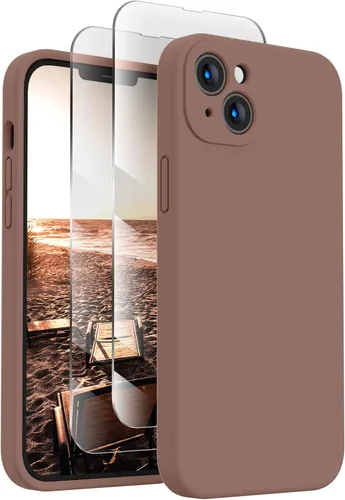 FireNova Funda diseñada para iPhone 13, funda de silicona mejorada [protección de cámara] con [2 protectores de pantalla], forro interior de Marrón