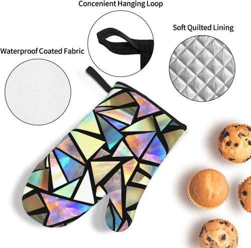 Miniatura 5 de Juego de 4 manoplas de horno y agarraderas de triángulos iridiscentes brillantes, guantes resistentes al calor para cocina, hornear, asar a