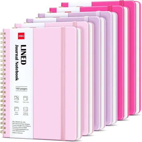Miniatura 12 de deli Paquete de 6 cuadernos con espiral rayados, 160 páginas, A5 (5.5 x 8 pulgadas), cuaderno de escritura de tapa dura, diario encuadernado