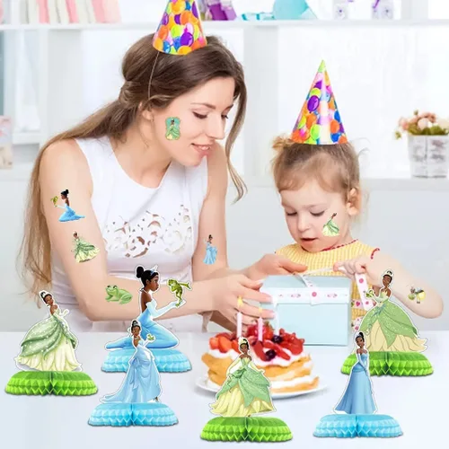 Miniatura 6 de 8 hojas de tatuajes temporales de princesa Tiana para suministros de fiesta, tatuajes temporales de princesa y rana para decoraciones de fiesta