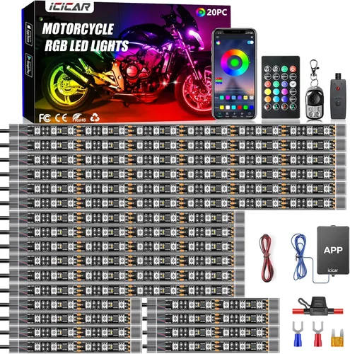 Miniatura 8 de 12 luces de motocicleta con control de aplicación, modo de música RGB de 16 millones de colores, función de luz de freno IP68 impermeable con doble