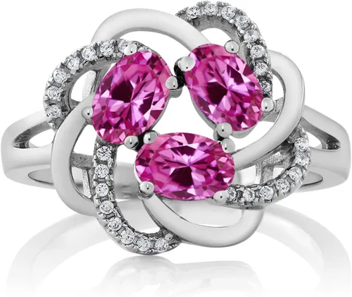 Miniatura 104 de Gem Stone King Flower Blossom Gemstone Birthstone Ring in 925 Sterling Silver 3-Stone Oval 6X4MM with Sparkling Accents Wedding Anniversary