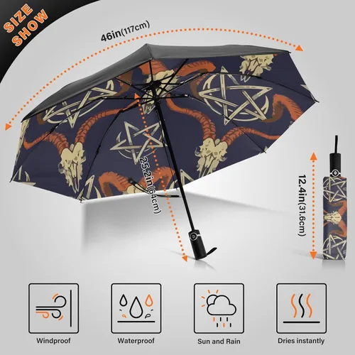 Miniatura 3 de UV Blocking Automatic Open Umbrella Satan-baphomet-sheep-head-demon Portable Travel Folding Umbrellas with Cover Bag