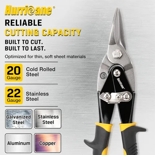 Miniatura 2 de HURRICANE Tijeras de estaño de aviación de 10 pulgadas, tijeras de corte recto para chapa de metal, aluminio, canalones y proyectos de bricolaje