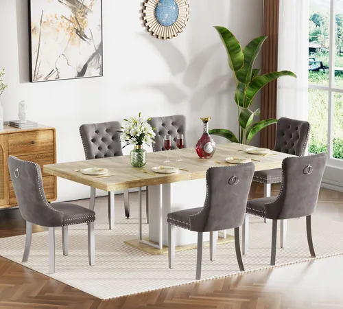 Miniatura 58 de Juego de mesa de comedor extensible de 5 piezas, juego de mesa de comedor extensible de estilo granja para 4, mesa de cocina expandible de madera