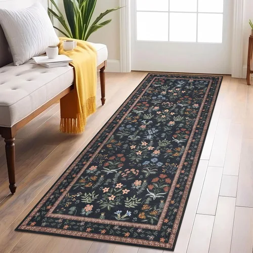 Miniatura 52 de Lansny Alfombra bohemia de 2 x 3 pulgadas, lavable, color negro, azul marino, floral, alfombra de cocina, alfombra de área pequeña de lana