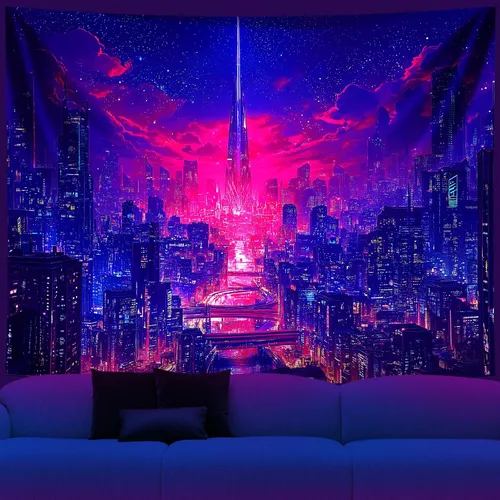 Miniatura 18 de NYZE Tapiz de luz negra de ciudad, tapiz de anime japonés, juego punk, fantasía, vista nocturna, paisaje urbano, arte futurista, neón, tapices