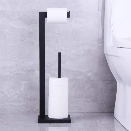 Miniatura 4 de Soporte para papel higiénico negro mate, soporte para rollo de papel higiénico con reserva de estante, organización portátil de almacenamiento