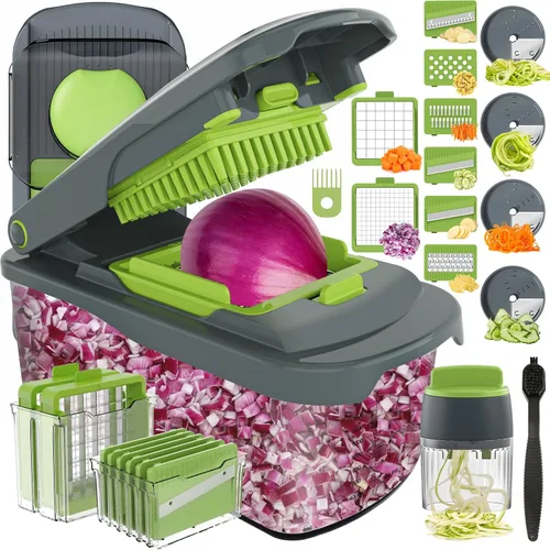 Miniatura 11 de Ourokhome Cortador de verduras con recipiente, cortador manual de cebolla con 2 cuchillas de cortar para tiras de papa, cubos de verduras, palitos