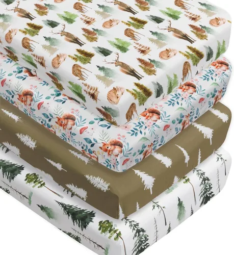 Miniatura 14 de Juego de 4 sábanas ajustadas para cuna con diseño de animales del bosque, neutras en madera, unisex, para bebés niños o niñas