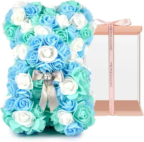 Flores artificiales hechas a mano, oso de rosas, color puro para San Valentín, cumpleaños y día de la madre, con una caja de regalo rosa de 10