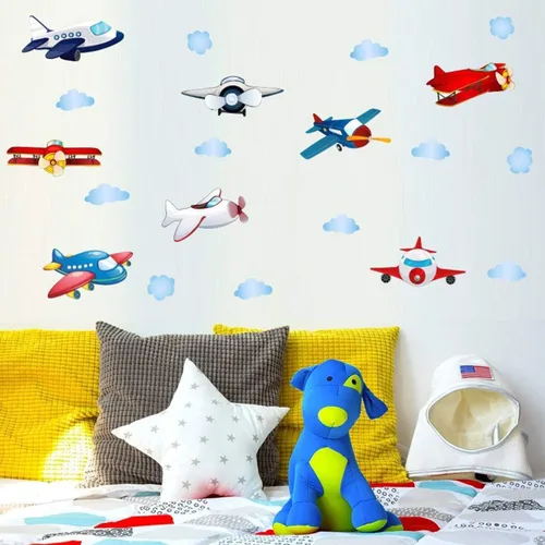 Miniatura 2 de Calcomanías de pared de avión, calcomanías de pared de acuarela para niños, guardería, sala de juegos, dormitorio, serie de aviones vintage