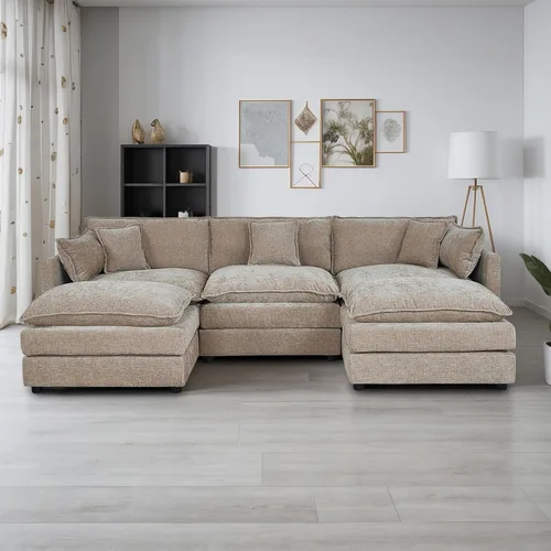 Miniatura 13 de Setawix Sofá Profundo de 3 Plazas con Otomana, Sofás de Nube en Forma de L de 112.2" para Sala de Estar, Sofá de Nube de Chenilla con Asiento Café