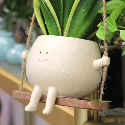 Miniatura 7 de Maceta grande con cara sonriente oscilante, macetas colgantes para plantas de interior y exterior, divertidas macetas para suculentas para cadena