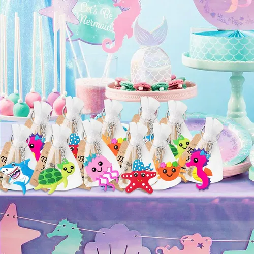 Miniatura 3 de CiciBear Paquete de 54 regalos de regreso de fiesta del mundo marino con llaveros de criaturas marinas y etiquetas de agradecimiento para cumpleaños