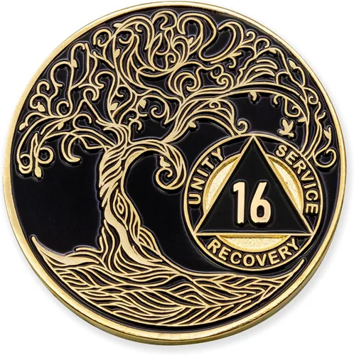 Miniatura 5 de 20 Year Sobriety Mint Twisted Tree of Life - Medallón de recuperación AA chapado en oro, fichas y fichas, color negro
