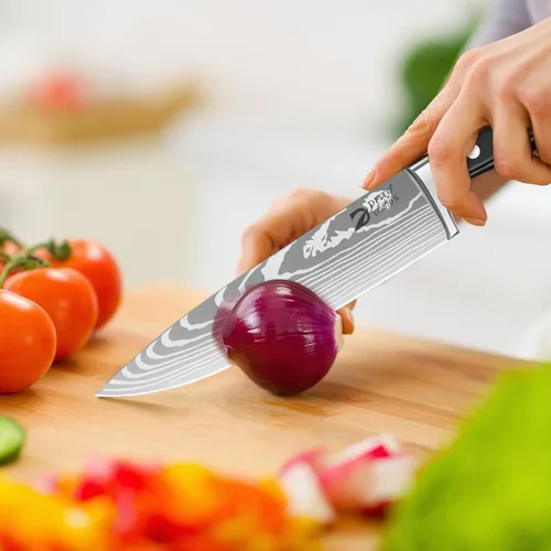 Miniatura 6 de Dfito Juego de cuchillos de chef con bolsa de rollo, juego de 9 cuchillos profesionales con afilador, juego de cuchillos de cocina de acero Negro