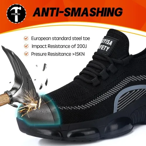 Miniatura 2 de BAIYIJIA Zapatos de punta de acero para hombre, zapatos de trabajo antideslizantes para construcción con amortiguación de aire, zapatos